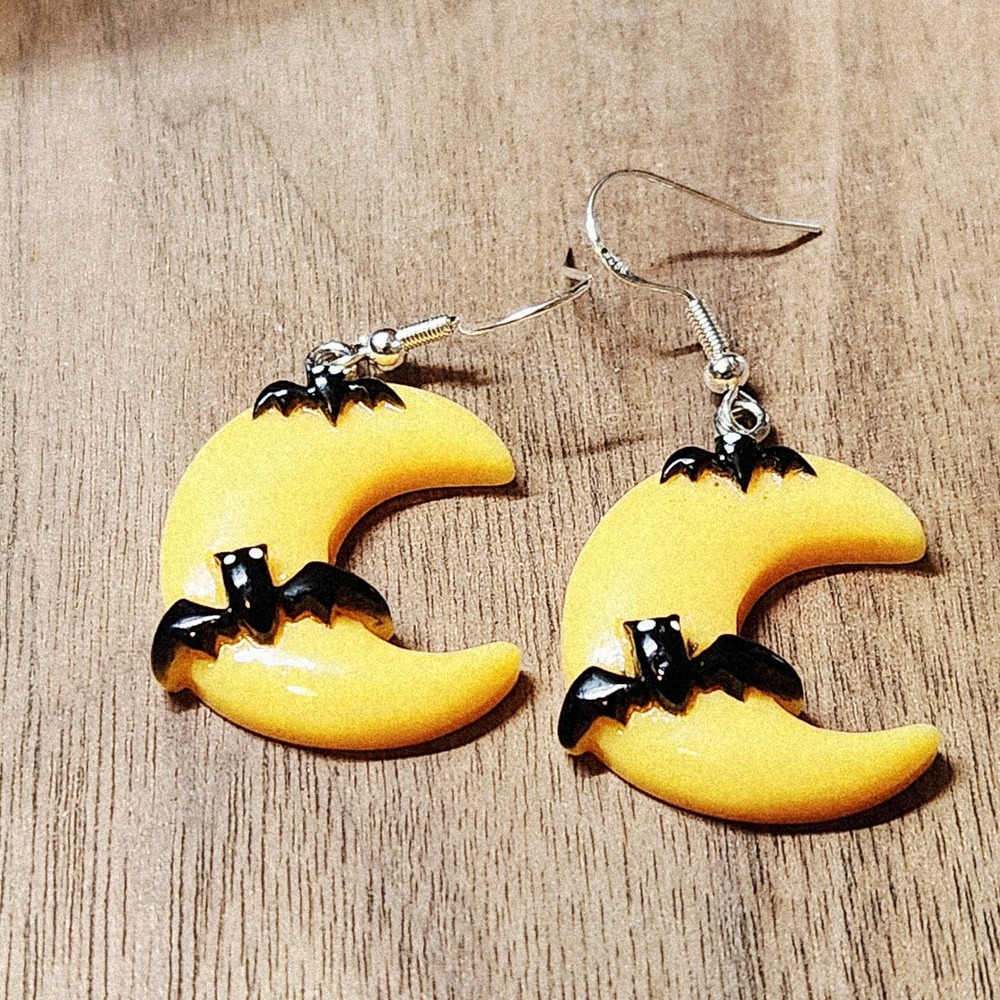 Yellow Crescent Moon and Black Bat Dangle Earrings Halloween Gothic Spooky 1.75"